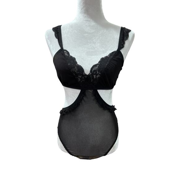 We Are HAH Lingerie Bodysuit Key To UR Heart Sheer Ruffle Black Noir Size Medium - Picture 2 of 11